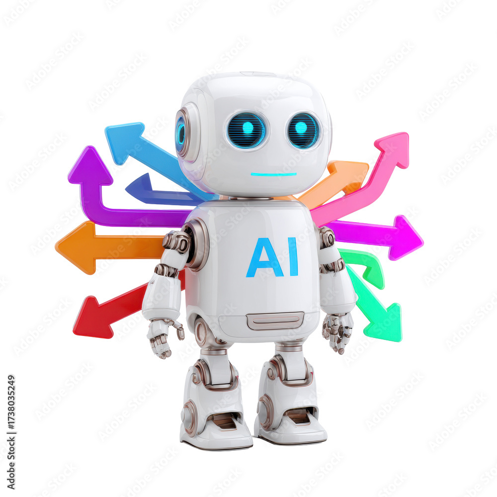 Naklejka premium AI Robot with Multi-Directional Arrows on Transparent Background