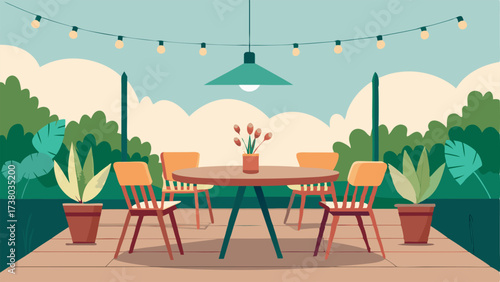 An outdoor patio with a wooden dining table and metal chairs surrounded by potted greenery and string lights hanging from above.