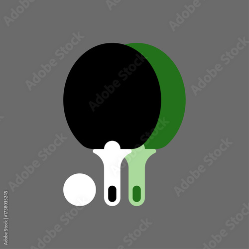 Two Table Tennis Paddles and Ball Icon Graphic with a Gray Background