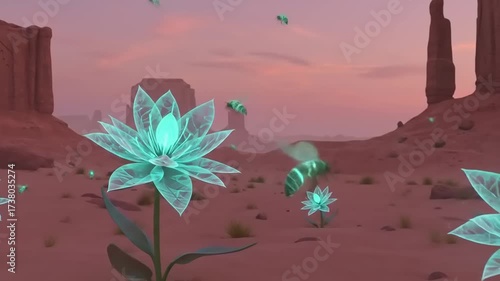 Ethereal glowing flowers bloom in a desert landscape at sunset, surrounded by mystical insects