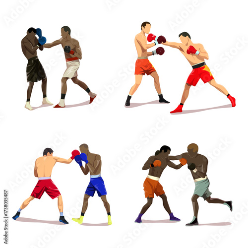 Two pairs of boxers locked in combat during a boxing match