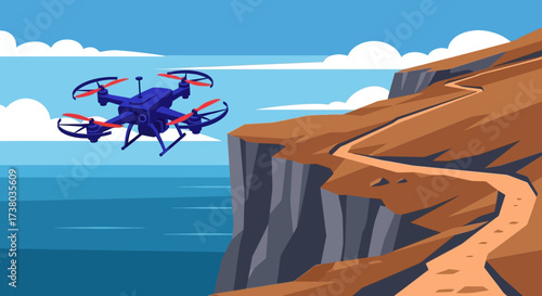 Advanced Drone Flying Over Ocean Cliff.
