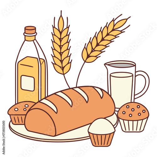 Fresh baked bread with wheat stalks, muffin, milk, and juice form a nutritious meal