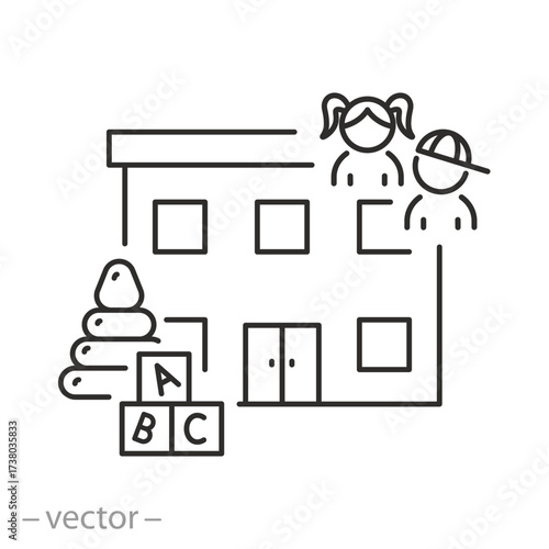 kindergarten icon, children toys, thin line symbol on white background - editable stroke vector illustration eps10