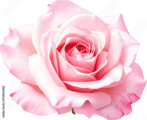 Close up of a delicate pink rose with layered petals and subtle red tones