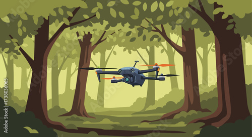 Advanced drone with multiple rotors flying through a natural environment.