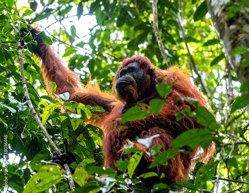 Orangutan in lush jungle canopy
