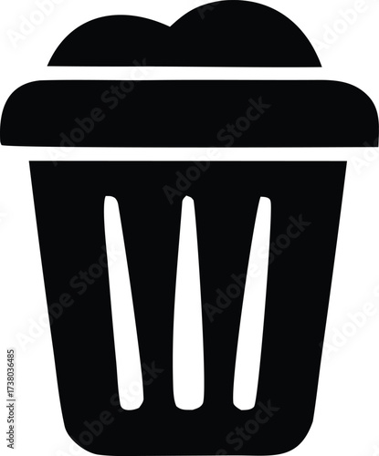 Simple black and white icon representing a trash can or waste bin for digital and print design needs