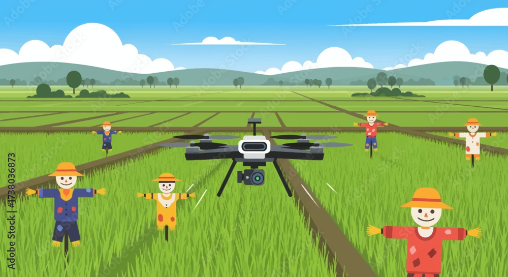 Obraz premium Agricultural drone flying over a green field for modern farming.