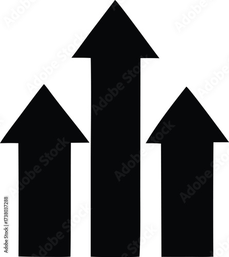 Three black upward pointing arrows of varying heights symbolizing growth progress success and upward momentum in business or finance