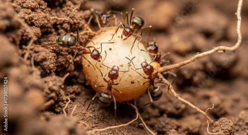 Ants Surrounding Egg on Soil in Natural Environment