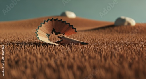 Pencil Shavings on Textured Surface with Rocks and Soft Lighting