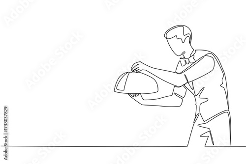 Single one line drawing a male waitstaff wears bow tie serving order with a metal tray and cloche. The most professional worker. National Waitstaff Day. Continuous line design graphic illustration