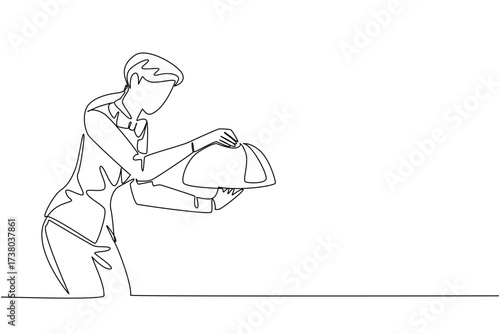 Single continuous line drawing female waitstaff wears a bow tie serving an order with a metal tray and cloche. Meals delivered to customers. National Waitstaff Day. One line design vector illustration