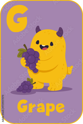 Letter G, Yellow monster holding purple grapes for kids alphabet card in flat cartoon style