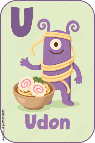 Letter U, Purple monster wrapped in udon noodles waving next to ramen bowl for kids flashcard in cartoon flat style