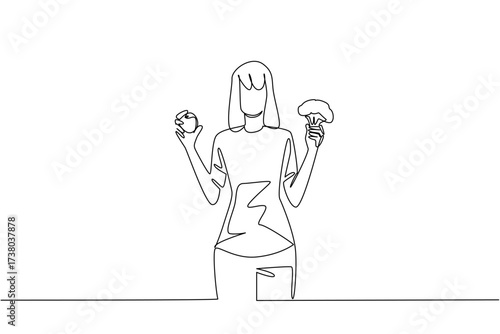 Single one line drawing a woman in casual clothes holding an orange and broccoli in each hand. Balanced diet. Healthy. Eat More Fruits and Vegetables Day. Continuous line design graphic illustration