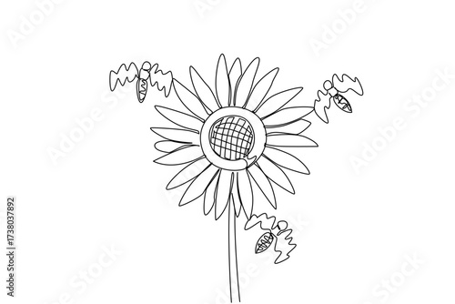 Continuous one line drawing 3 bees flying around a sunflower. Only perch on good places and fresh flowers. The best honey will be produced. World Bee Day. Single line draw design vector illustration