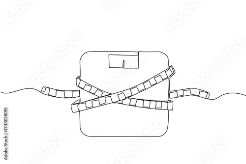 Single one line drawing body scales tied with measuring tape. A symbol to keep remembering healthy living at all times. Diet. Weights and Measures Day. Continuous line design graphic illustration