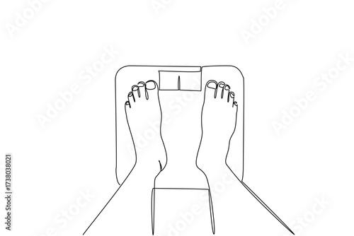Single continuous line drawing top view, feet standing on the scale. The scales do not lie. It is time to live healthy. Exercise regularly Weights and Measures Day. One line design vector illustration