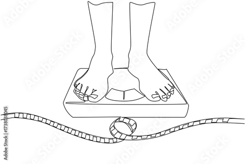 Continuous one line drawing feet standing on scale and a roll of measuring tape. Strict diet starts now. For better life. Health. Weights and Measures Day. Single line draw design vector illustration