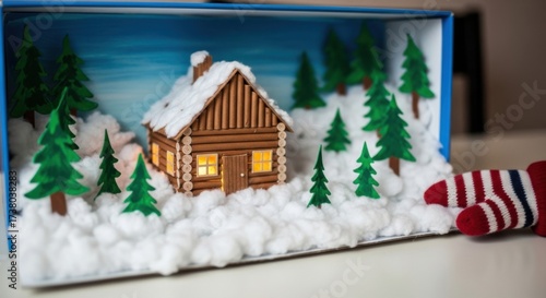 Miniature Wooden Cabin in Snowy Forest Scene with Pine Trees and Cozy Socks