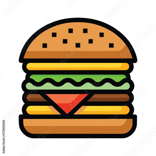 A vibrant and stylized illustration of a delicious double cheeseburger with lettuce tomato and cheese on a sesame seed bun isolated on a white background