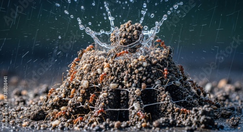 Ants Building and Water Splashing on Soil with Soil Bump and Rain in Natural Outdoor Environment