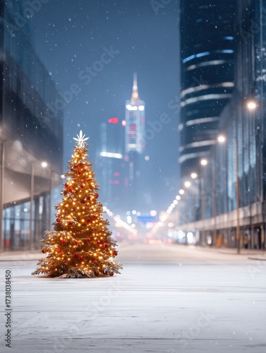 Festive Christmas Tree in Snowy Cityscape at Night