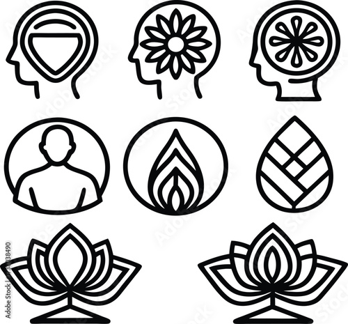 Set of 7 abstract icons representing mindfulness meditation yoga inner peace growth and nature themes symbolizing mental clarity wellness and self-care
