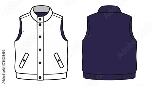 Casual vest design in white and navy with front and back view  