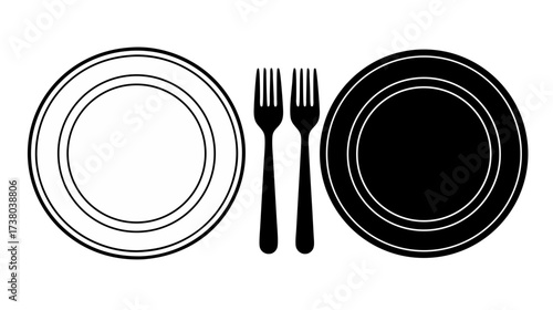 Black and white plates with forks on transparent background  
