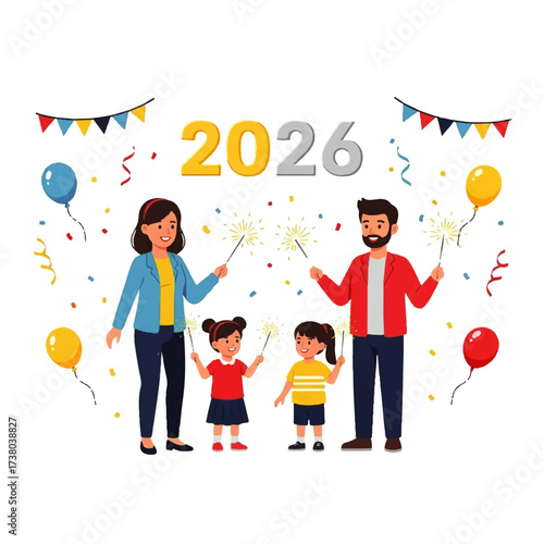 Happy New Year's Eve celebration with a family holding sparklers and confetti flying around