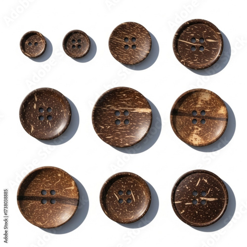Assortment of eco-friendly brown coconut shell sewing buttons in different sizes with four holes, viewed from above on a white backdrop