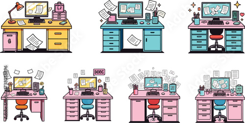 Cute colorful office desks with computers, kawaii workspace illustration, messy and organized study table design for school and work