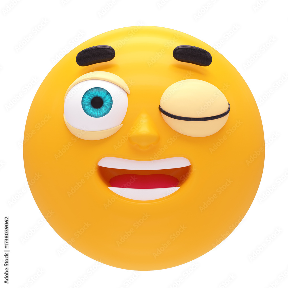 Fototapeta premium happy smiley face blinking 3d render icon in cartoon plastic style minimal isolated on transparent white background 