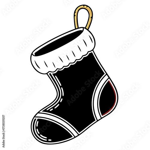 Black Christmas stocking with white fur lining and hanging loop  