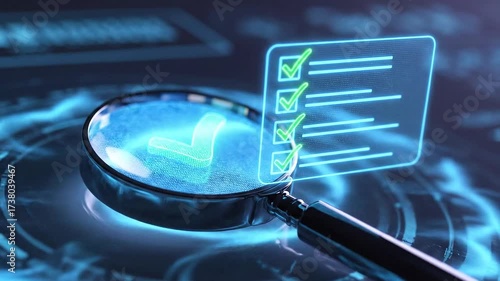 Magnifying Glass Inspecting a Digital Checklist for Compliance.
