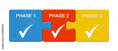 Bunte Puzzle Buttons: Phase 1, Phase 2, Phase 3