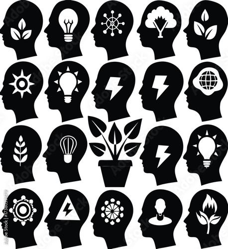 Silhouetted human heads displaying diverse concepts of innovation growth ideas and brainstorming