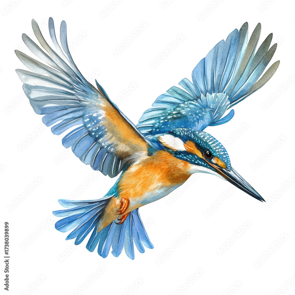 Naklejka premium Watercolor painting of a kingfisher in flight, isolated on transparent background, showcasing its vibrant blue and orange plumage with intricate details and dynamic pose