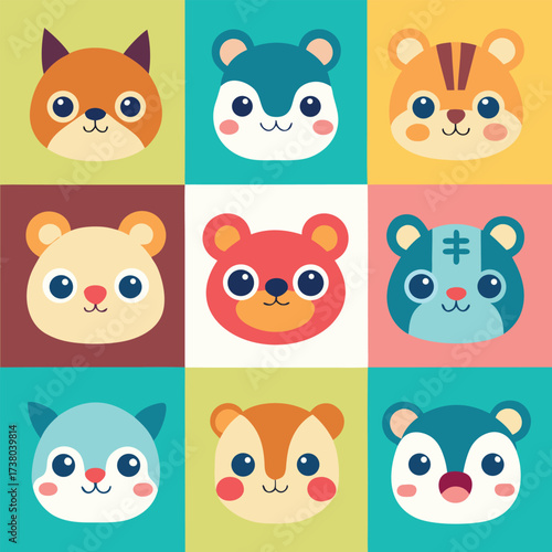 Collection of nine adorable cartoon animal faces including a fox hamster tiger bear and other cute creatures in a vibrant grid pattern for children s designs