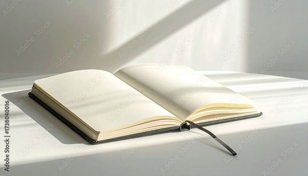 Naklejka premium Open Blank Notebook with Textured Pages on White Surface in Bright Studio Lighting Top View