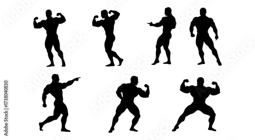 Bodybuilder Silhouette Set.Muscular Men Flexing Poses Collection, Fitness Vector Icons.