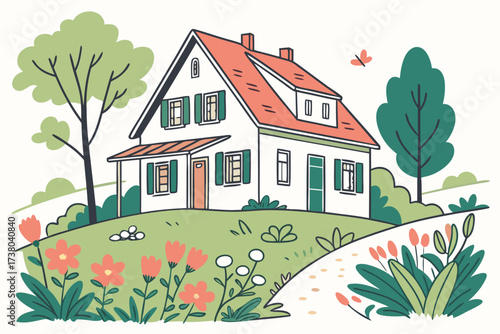 A charming countryside house with a vibrant garden