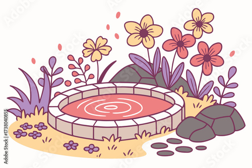 A circular hot spring surrounded by colorful flowers and rocks
