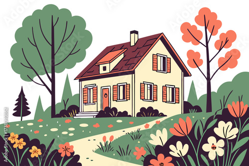 A charming yellow house with a colorful garden and trees