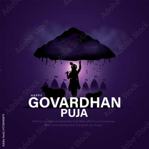 Indian religious festival happy Govardhan Puja Hindu festival Greeting background with Silhouette illustration of Lord Krishna lifting hill.