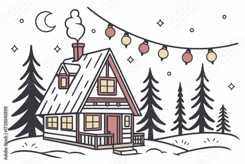 A cozy mountain cabin with string lights at night moon