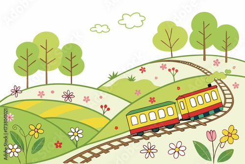 A whimsical cartoon train travels through a colorful landscape